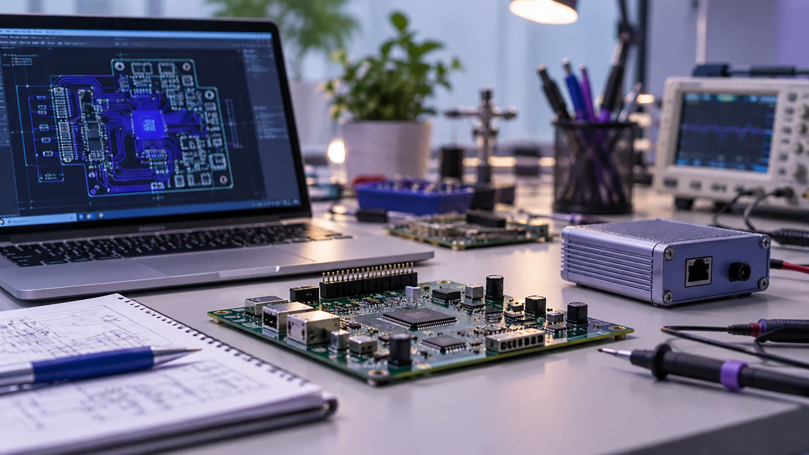 Electronics bench: laptop with a PCB layout, an assembled circuit board, a small aluminium enclosure and test probes.