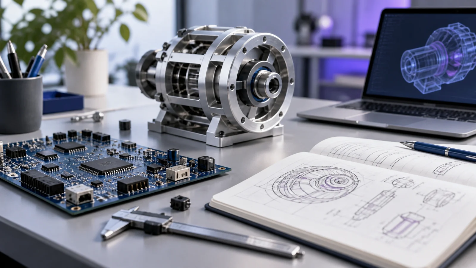 Engineering desk with a blue circuit board, a machined metal prototype, a caliper and a notebook of design sketches.