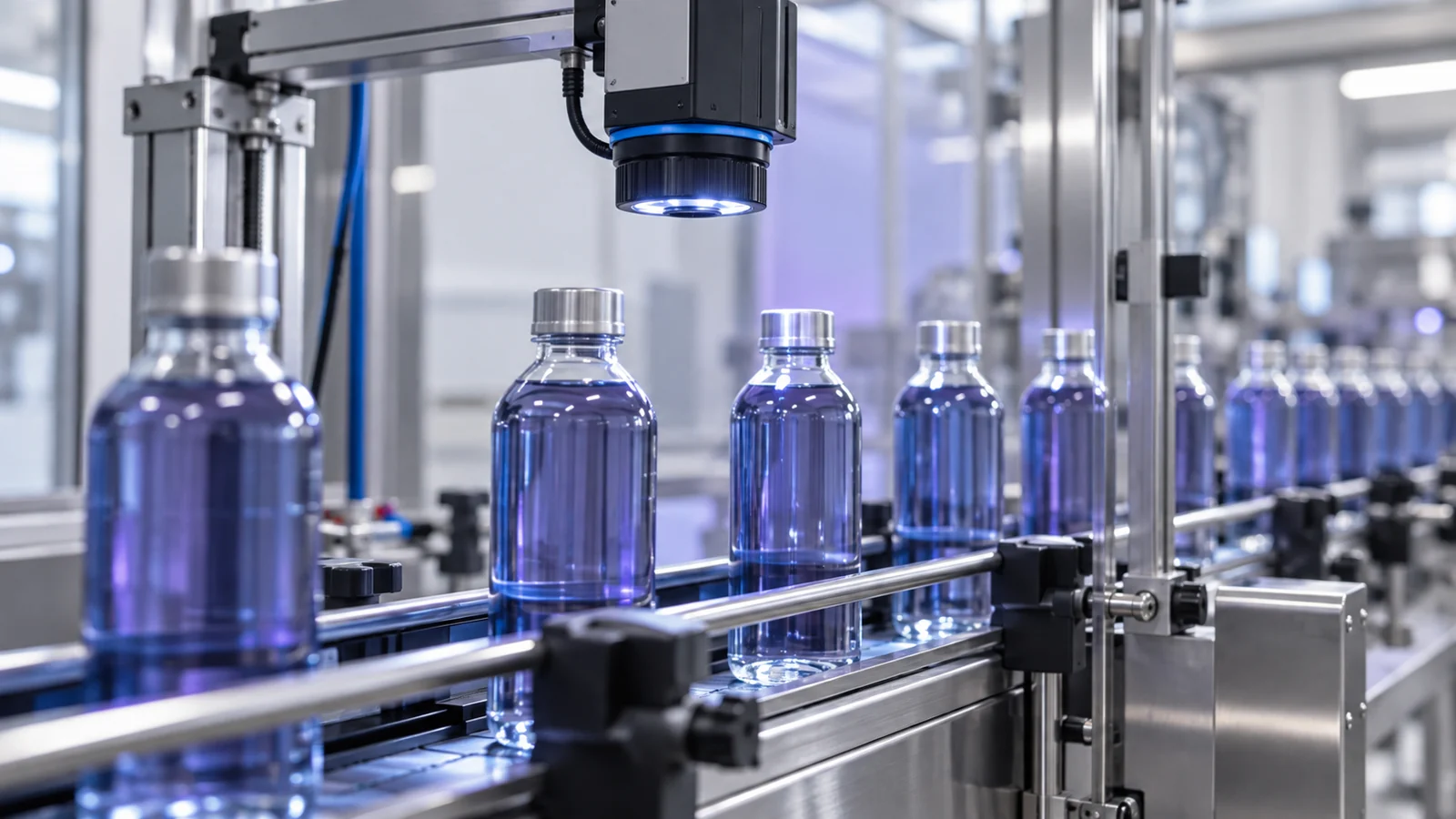 Bottles moving along a stainless-steel packaging line beneath an overhead machine-vision camera.