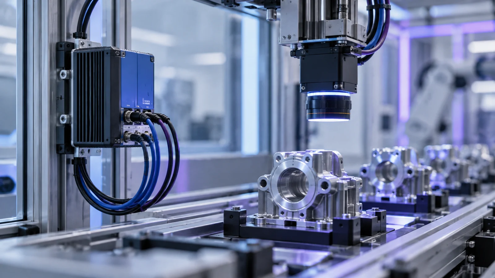 Automated machine cell with a vision camera inspecting machined aluminium housings on a conveyor.