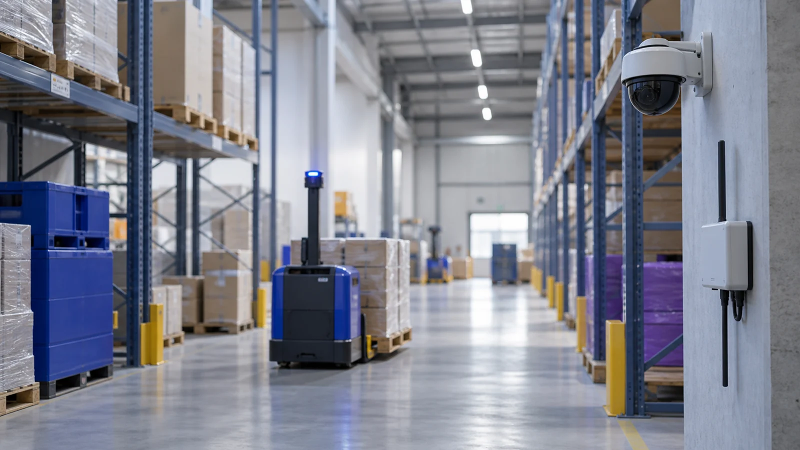 Warehouse aisle with an automated pallet mover, a dome camera and a wireless sensor gateway mounted on a pillar.