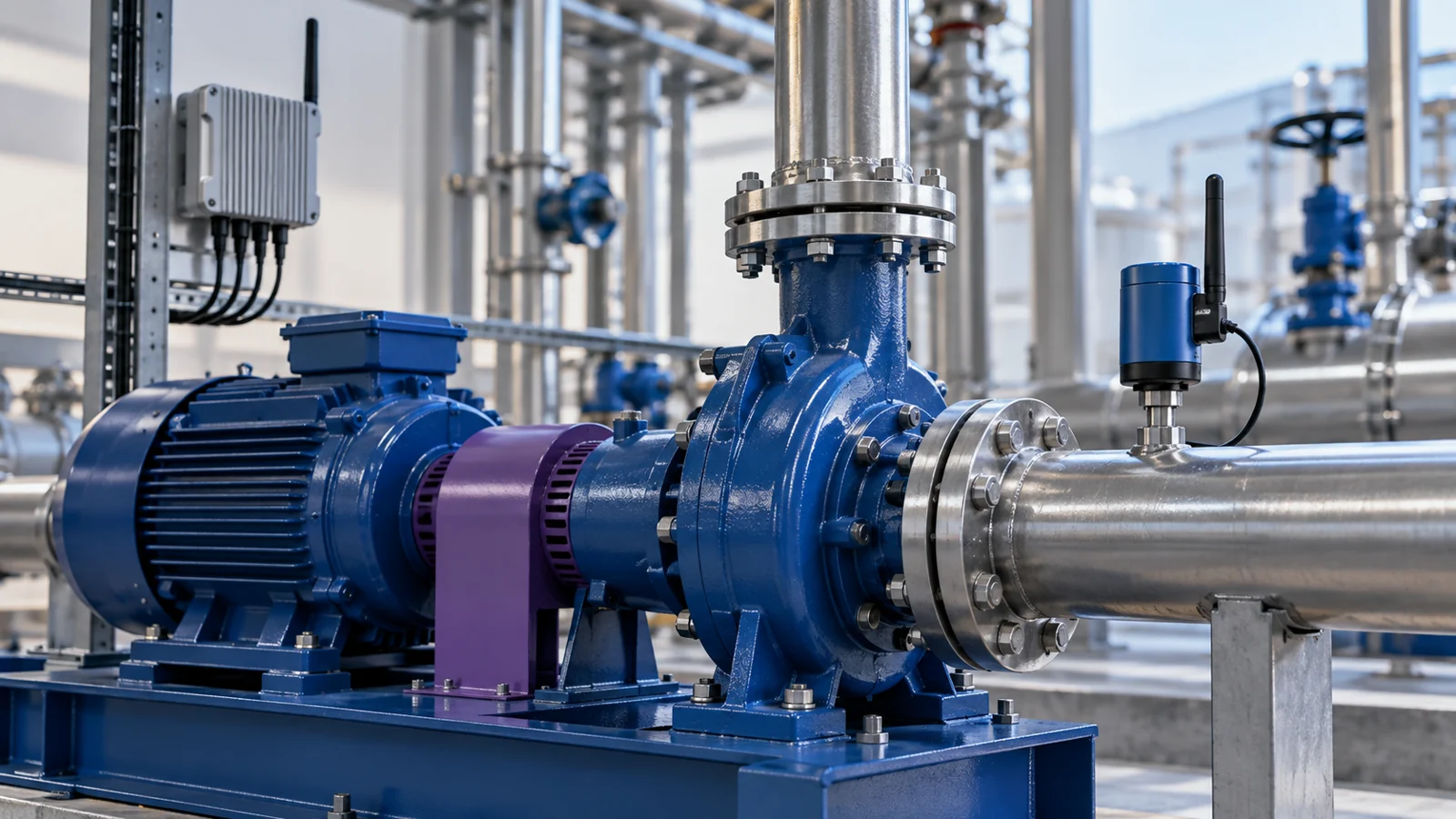 Blue centrifugal pump and motor on a skid, with a wireless condition sensor mounted on the outlet pipe.