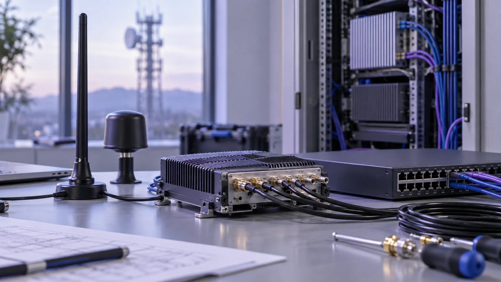 Rugged radio unit, antennas and a network switch on a bench, with a cabling rack behind.