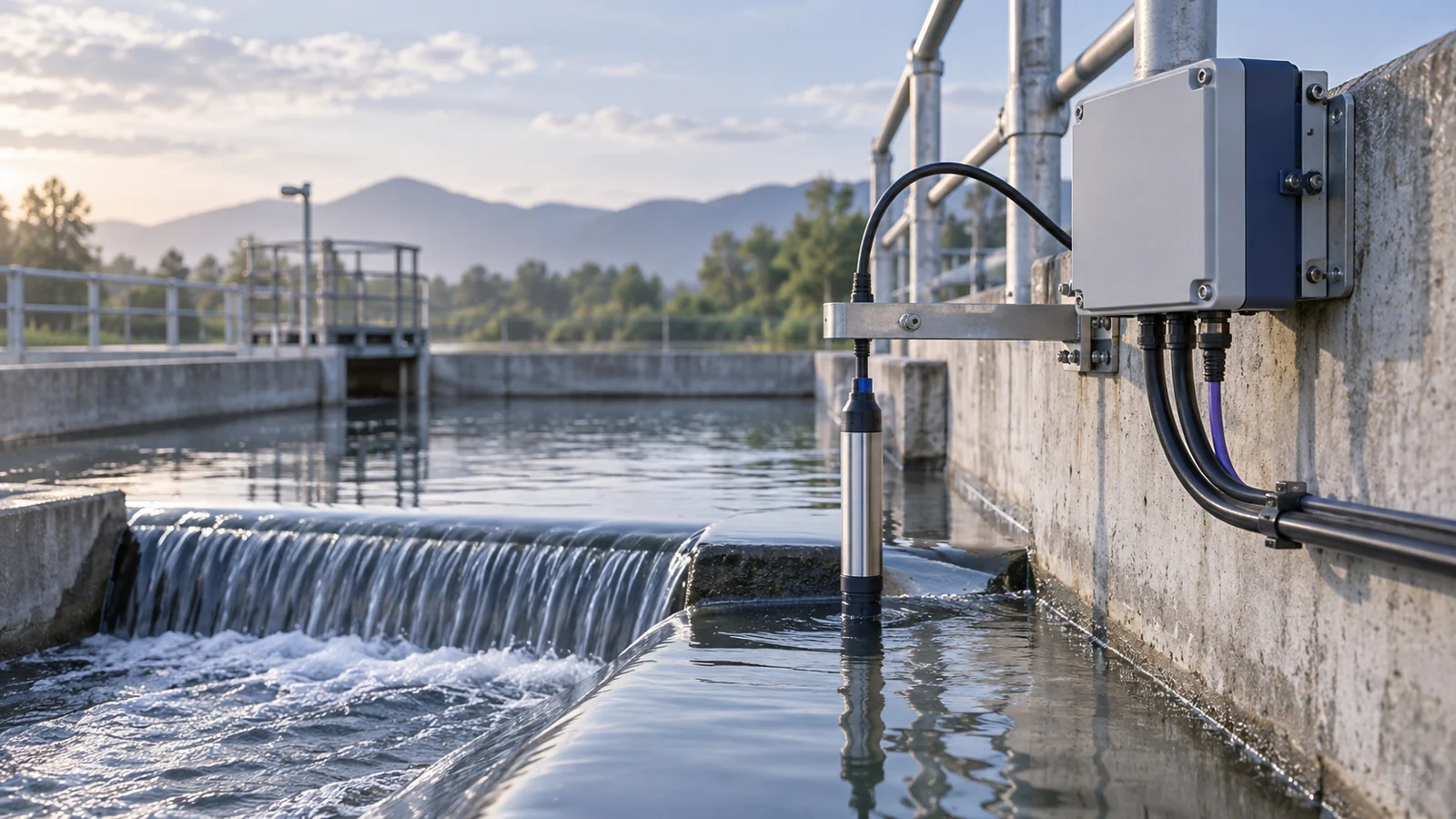 Stainless water-quality probe suspended in a treatment channel, wired to a wall-mounted monitoring enclosure.