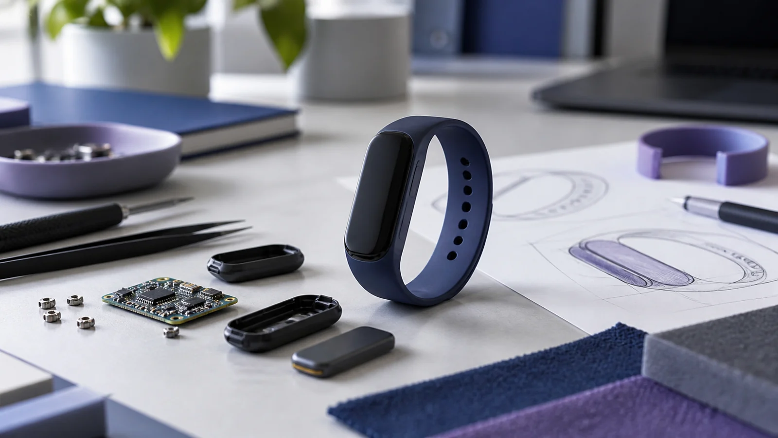 Fitness-band prototype with its circuit board, enclosure parts and design sketches on a desk.