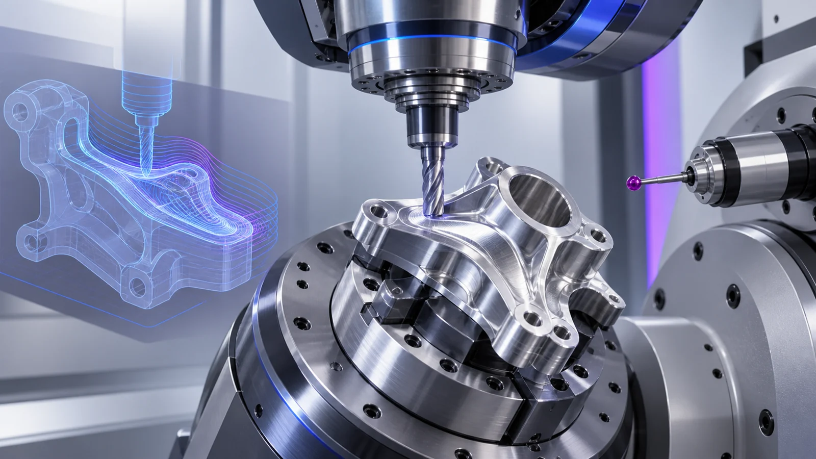 Five-axis CNC spindle milling an aluminium bracket on a rotary fixture, with a CAD toolpath overlay and touch probe.