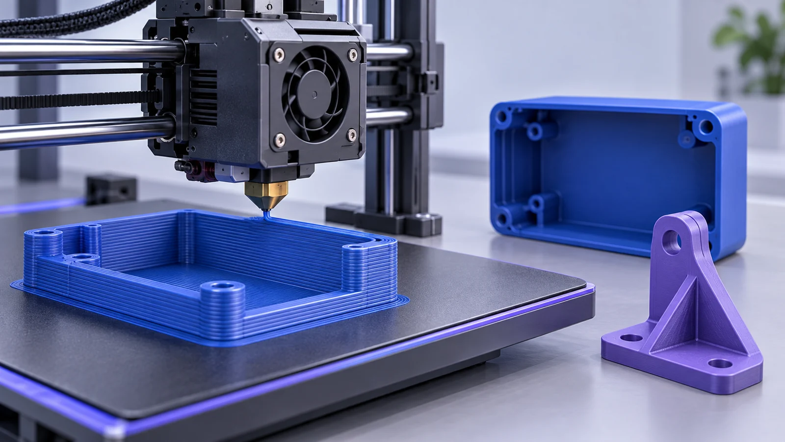 FDM printer nozzle laying down layers of a blue plastic enclosure, with a finished enclosure and bracket beside it.