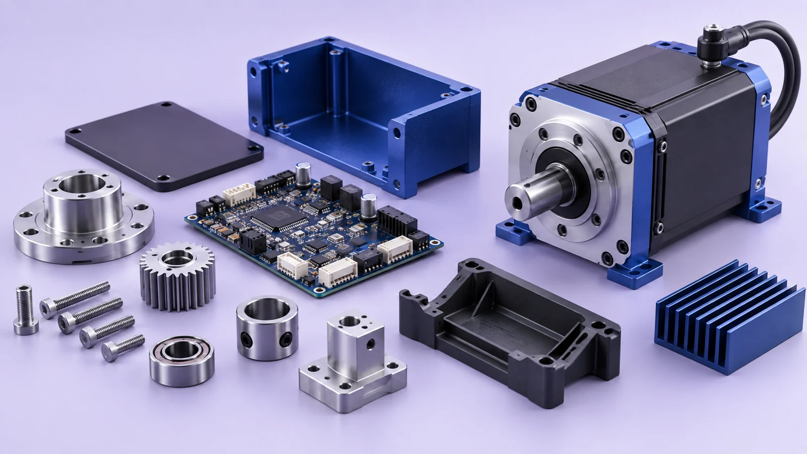 Flat lay of machined metal parts, a servo motor, a circuit board, a blue anodised enclosure and a black printed bracket.