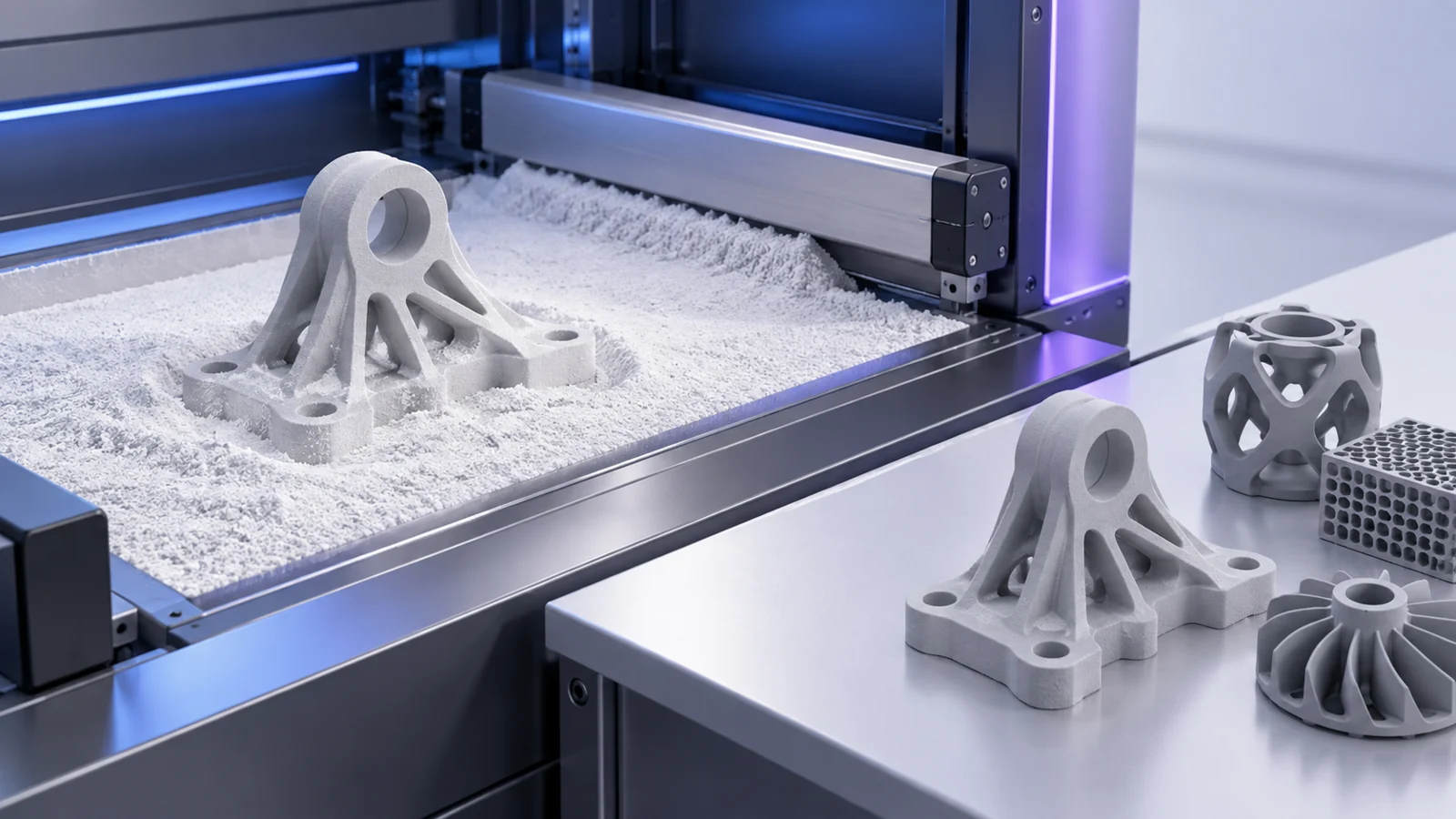 Grey nylon bracket rising from a white powder bed in a 3D printer, with finished lattice and impeller parts on a bench.
