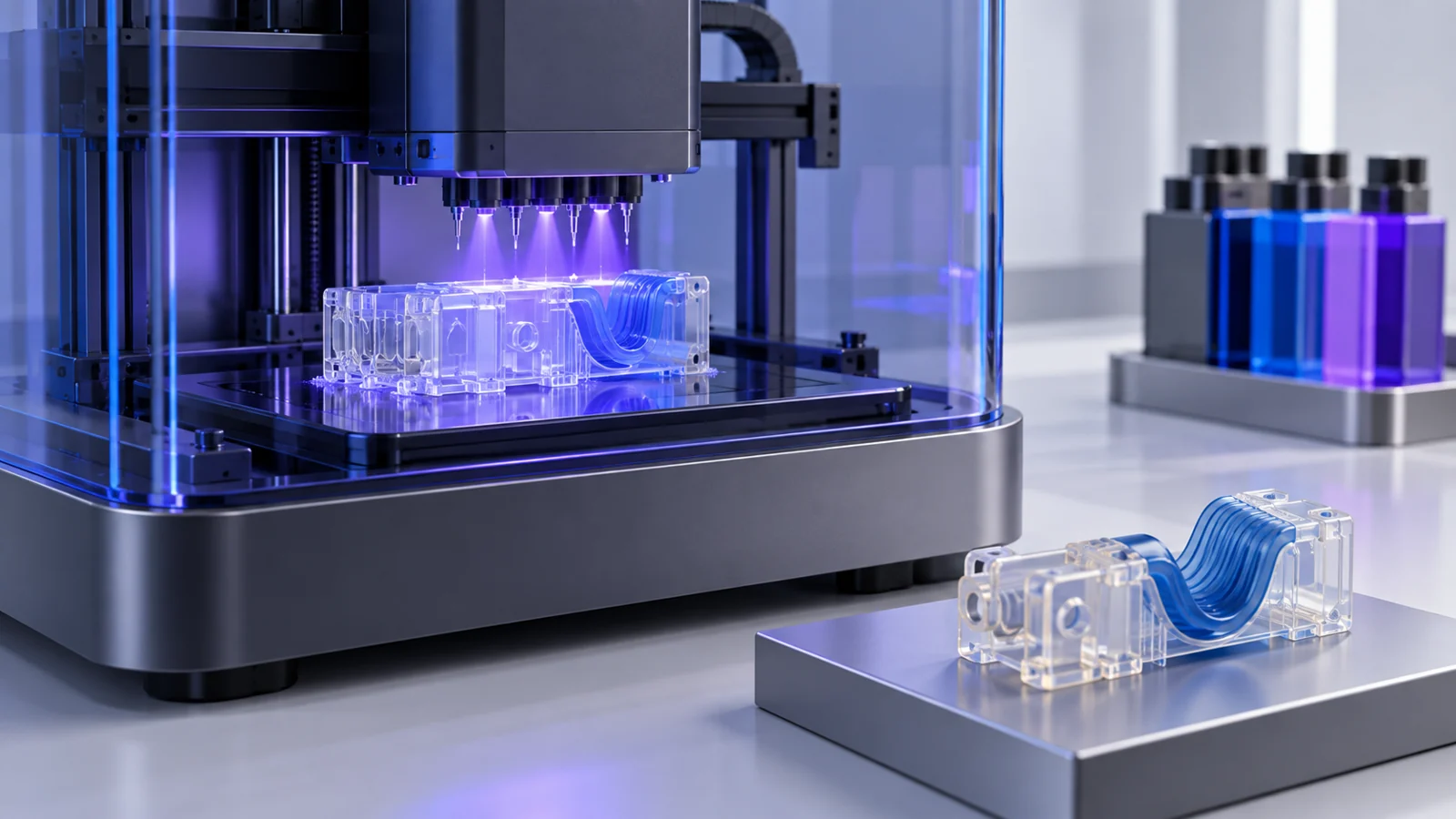 Material-jetting 3D printer curing a clear part with a blue flexible section under violet light, resin cartridges behind.