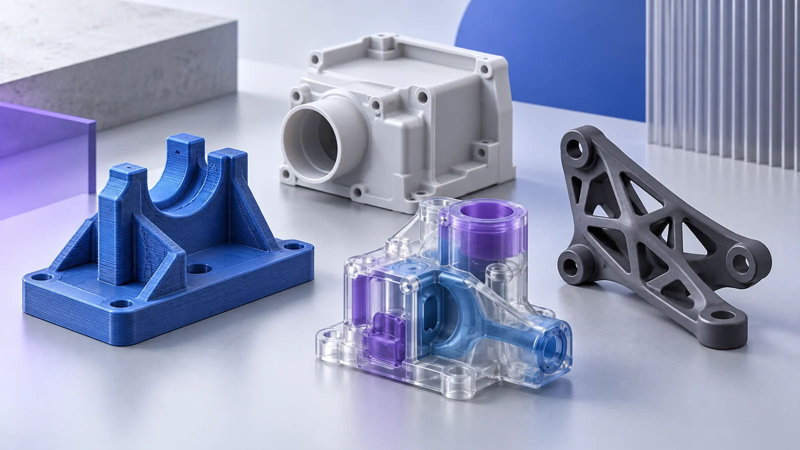 Four prototype parts illustrating distinct polymer printing processes.