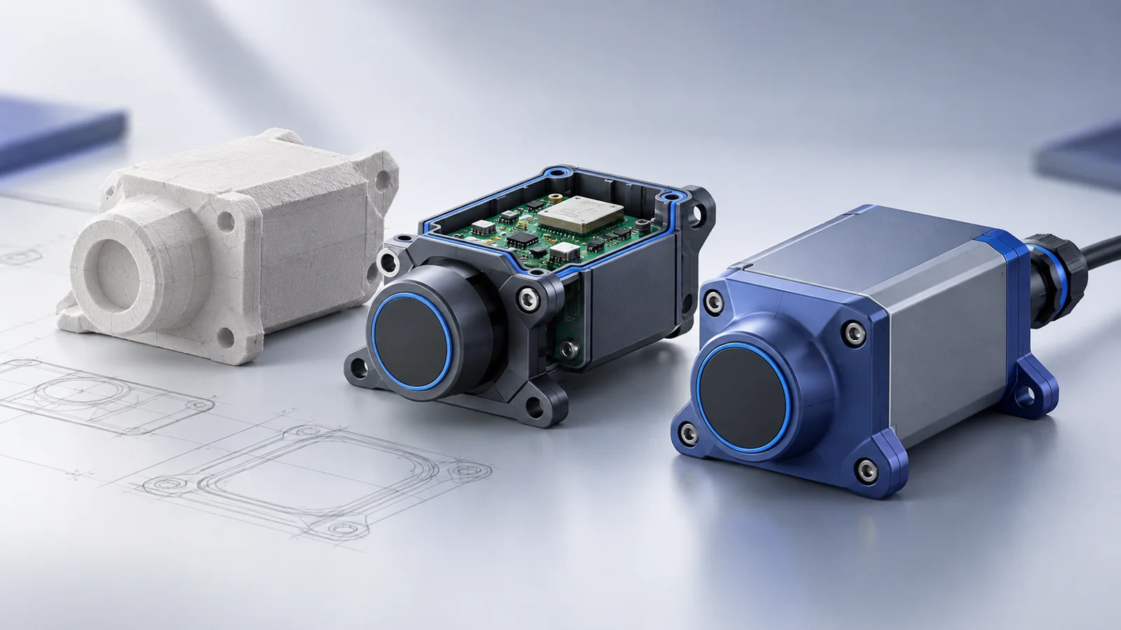 Three prototype stages of a sensor enclosure: foam form model, open electronics assembly, and finished blue housing.