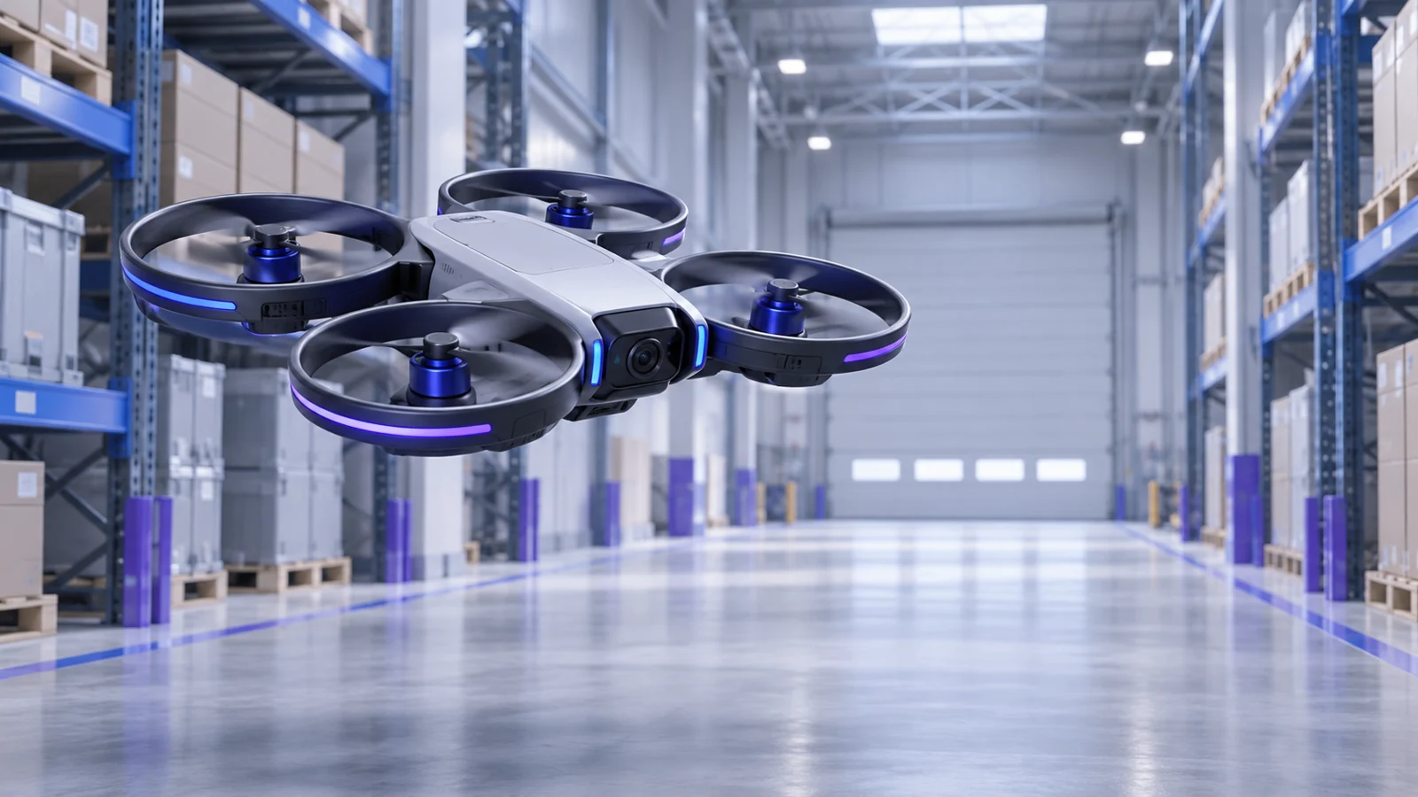 Quadcopter drone with enclosed propeller guards flying an autonomous survey route.