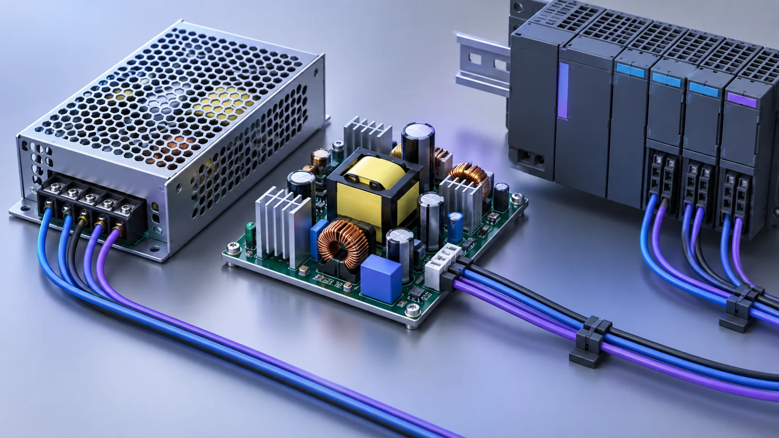 Enclosed switching power supply and an open power-conversion board wired to a modular industrial controller.
