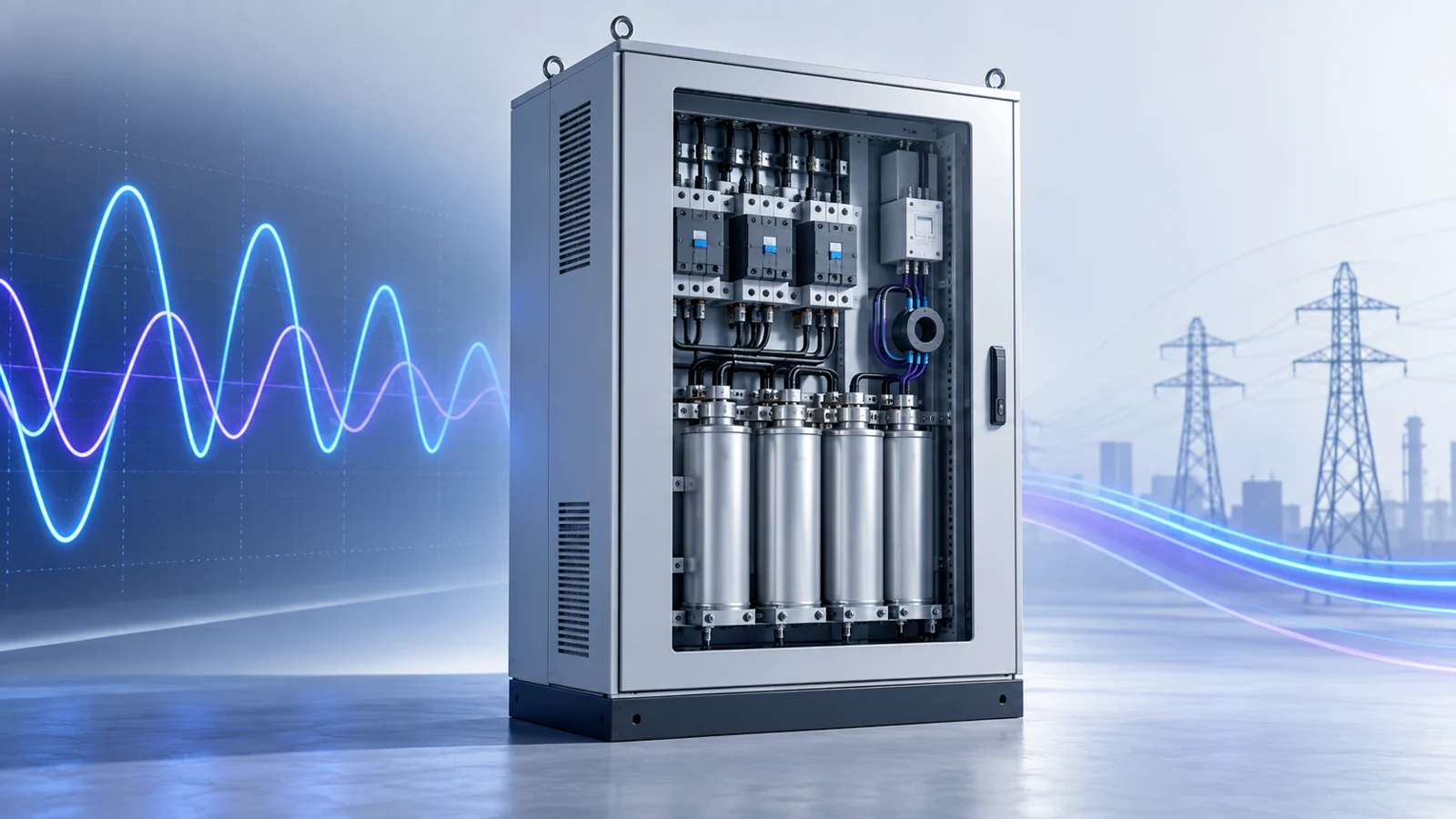 Industrial electrical cabinet with capacitors and sensing components for power-factor correction.