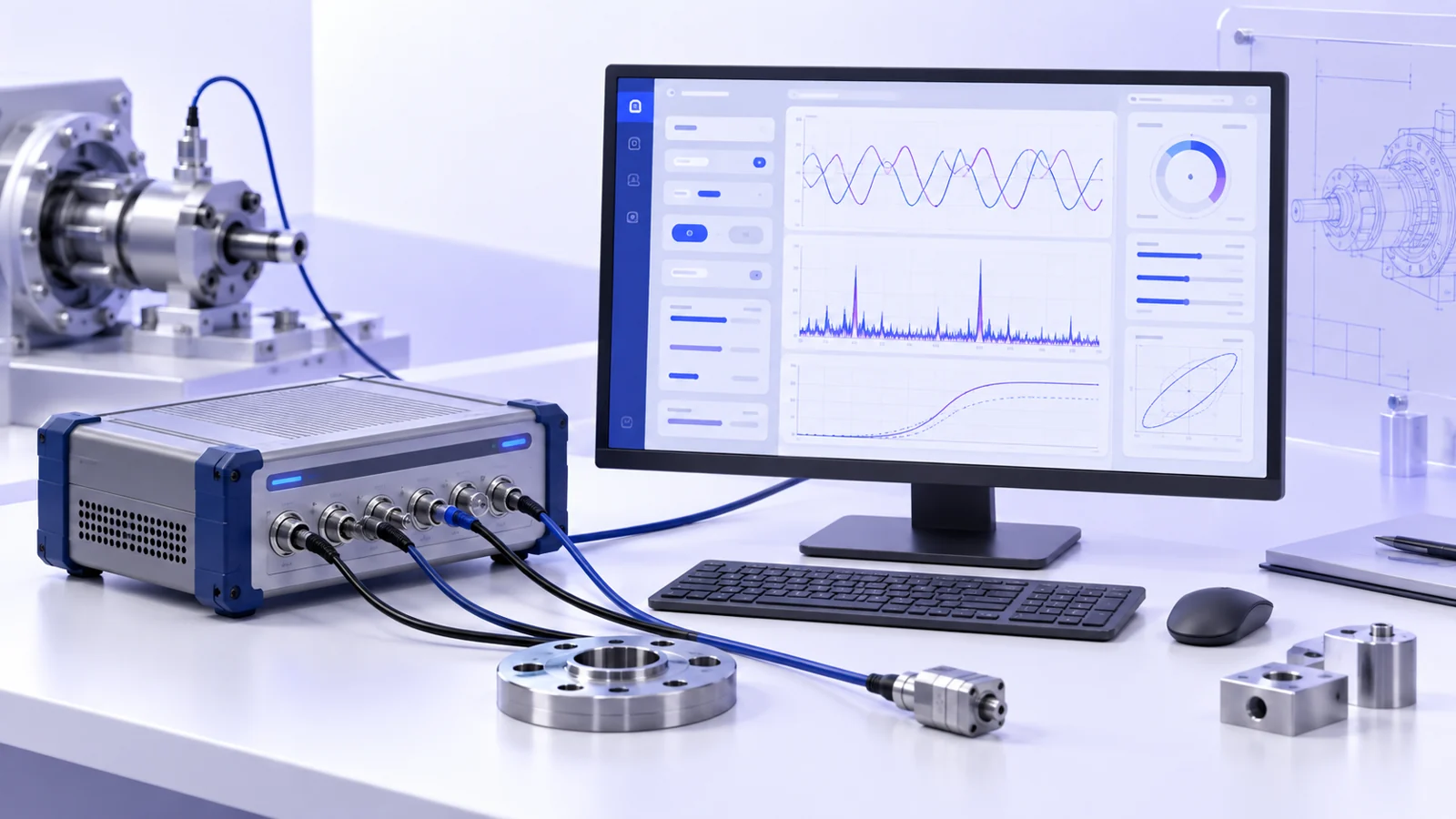 Concept illustration: a bench test instrument wired to a desktop app showing controls and measurement traces.