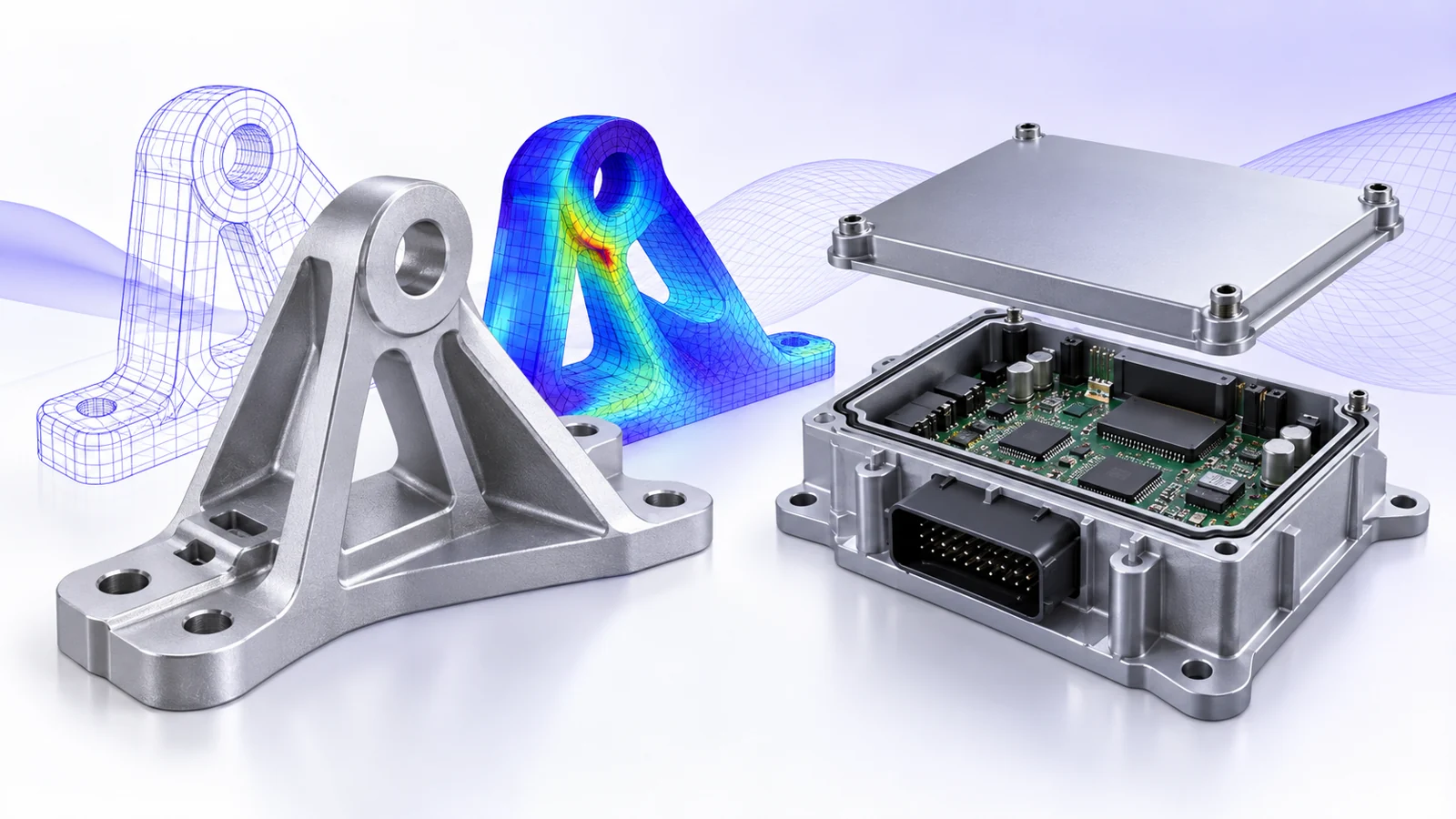 Machined bracket shown as wireframe, finished part and colour-coded stress plot, beside an open electronics enclosure.