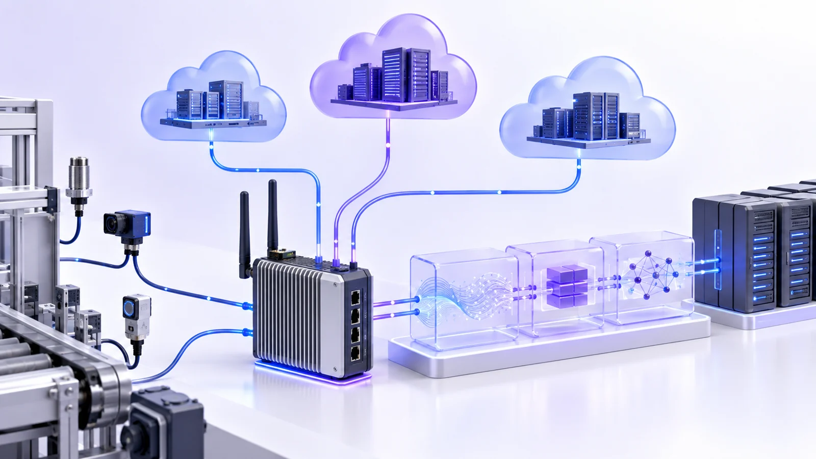 Diagram of factory sensors feeding an industrial gateway linked to three cloud server groups and a data pipeline.
