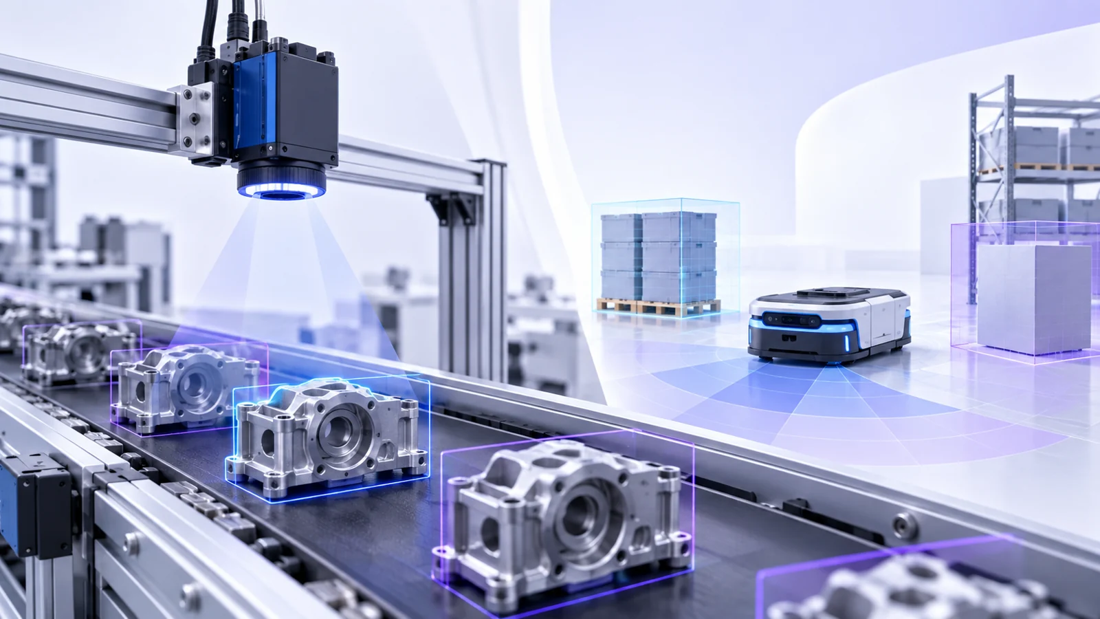 Industrial camera above a conveyor of machined housings with detection outlines; a mobile robot senses obstacles nearby.