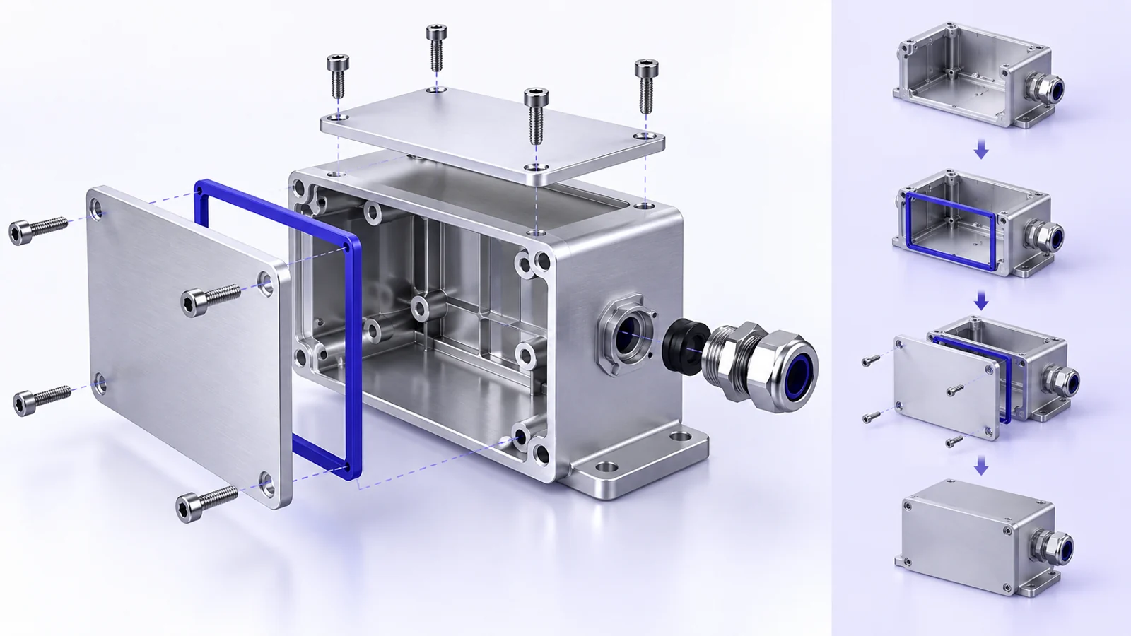 Exploded machined enclosure with lid, gasket, fasteners and cable gland, beside a four-step assembly sequence.