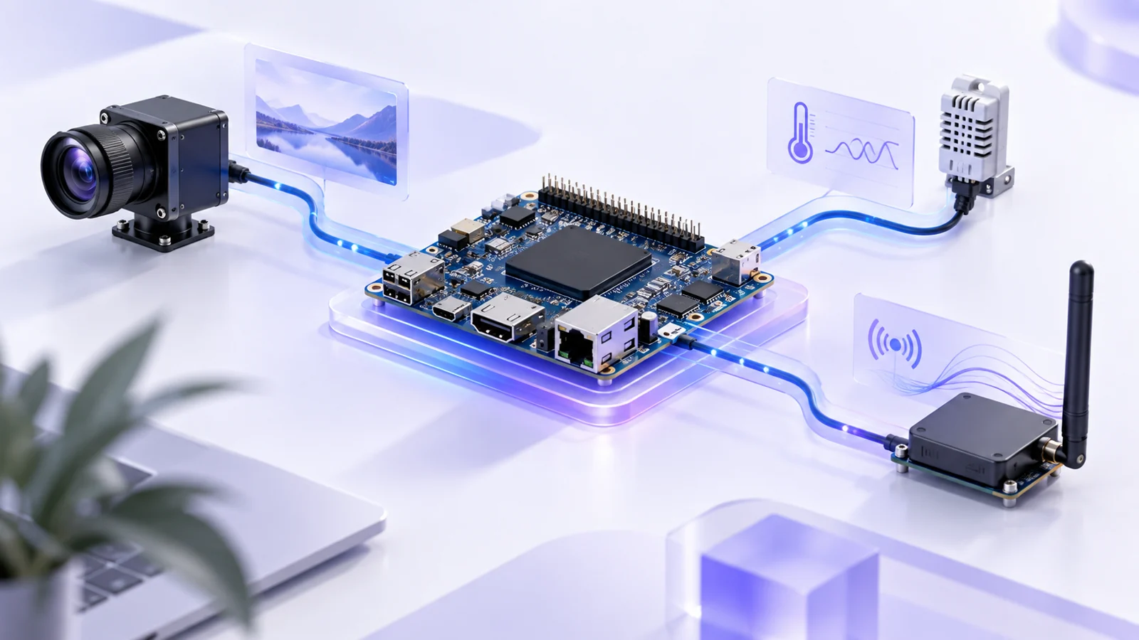 Single-board computer connected to a camera, a temperature-humidity sensor and a wireless radio module.