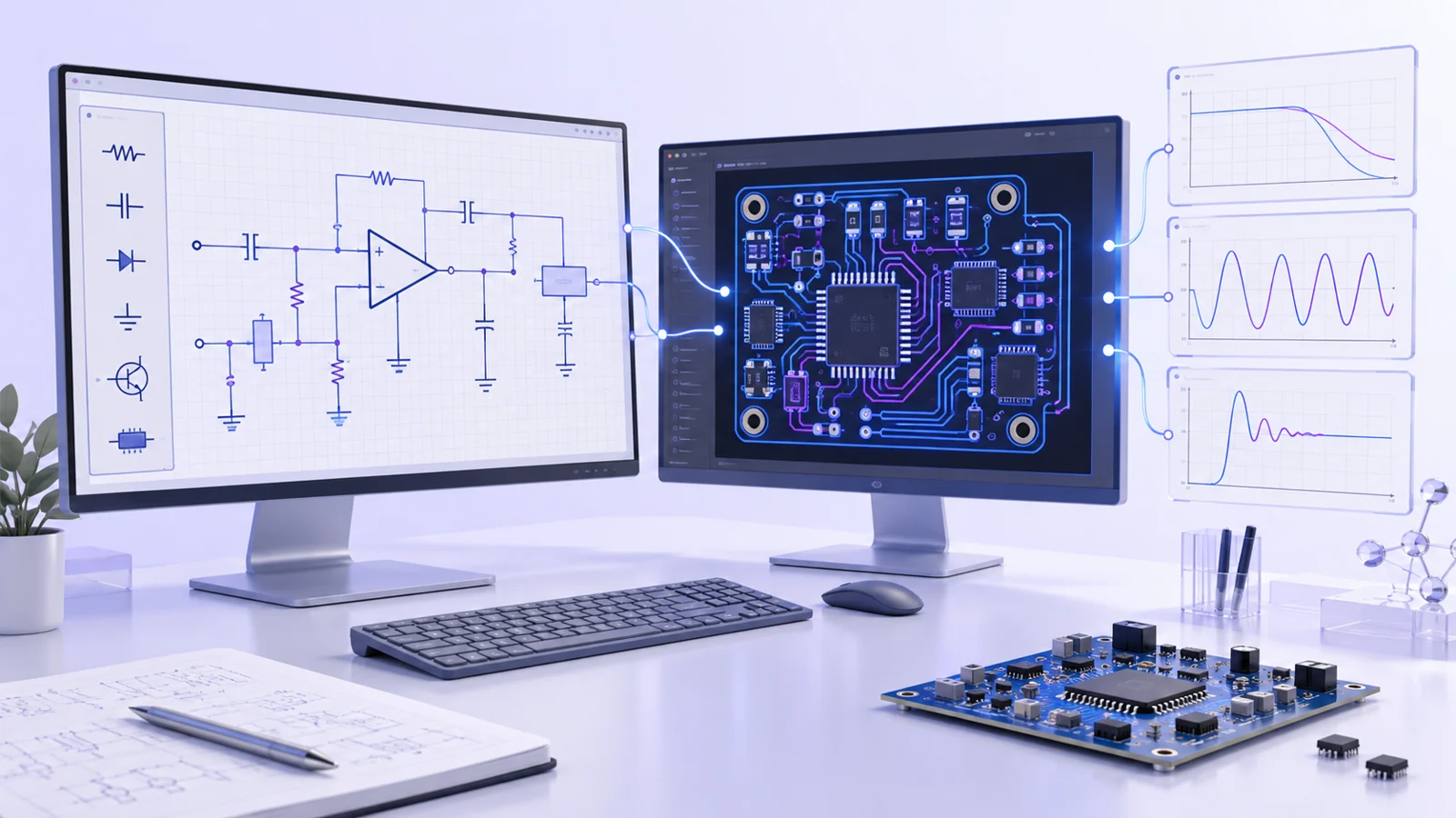 Two monitors showing a circuit schematic and a PCB layout, with simulation plots and a development board on the desk.