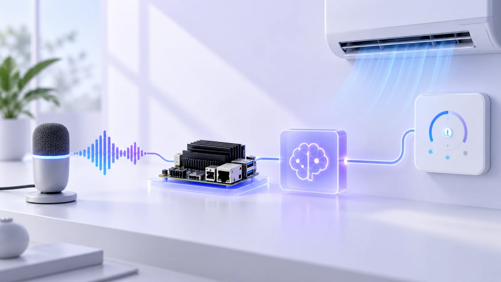Edge AI board on a desk linking a microphone to a wall air-conditioner controller, with a voice waveform between them.