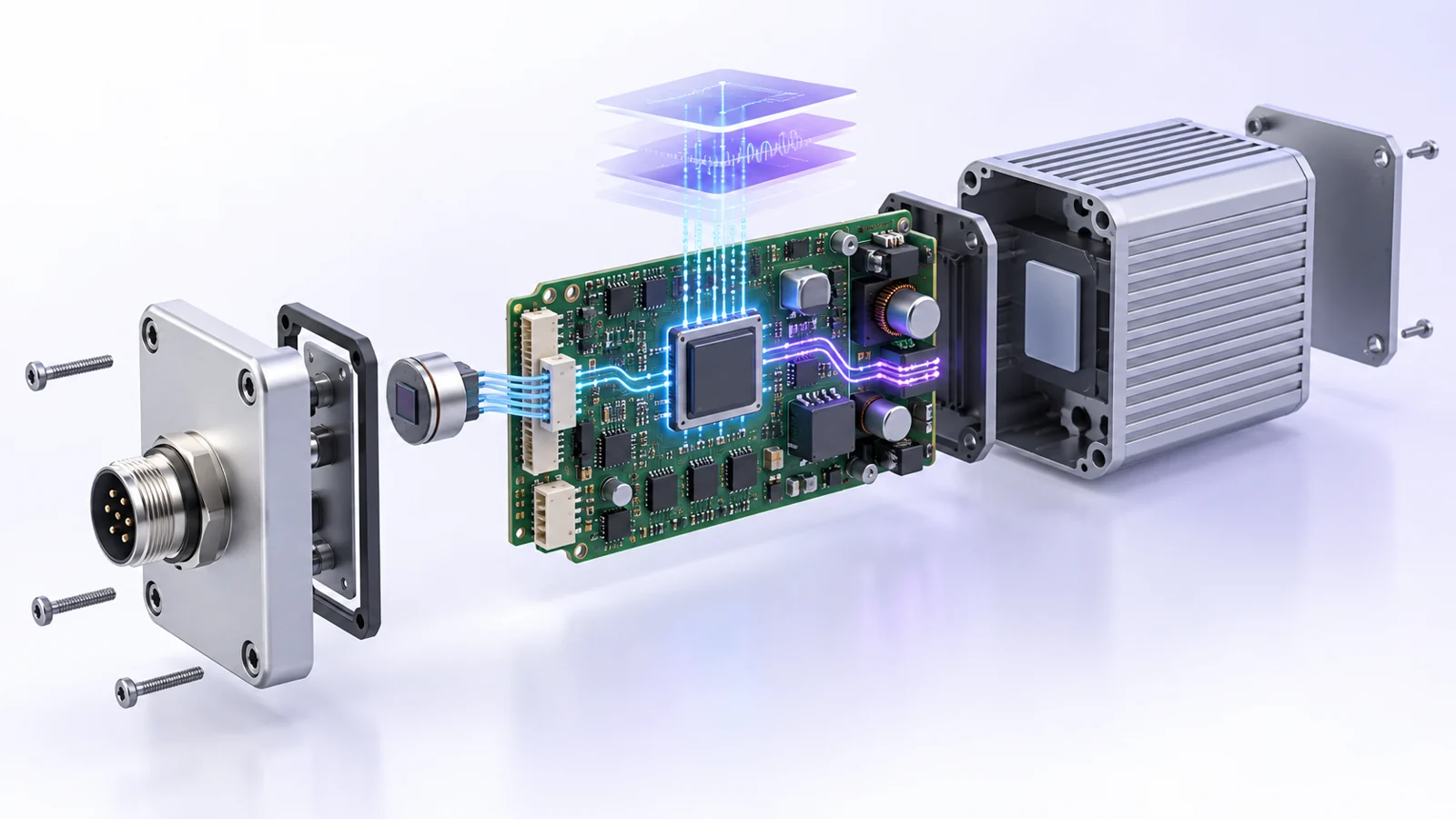 Exploded view of an embedded sensor device: connector plate, circuit board with processor, and finned aluminium housing.