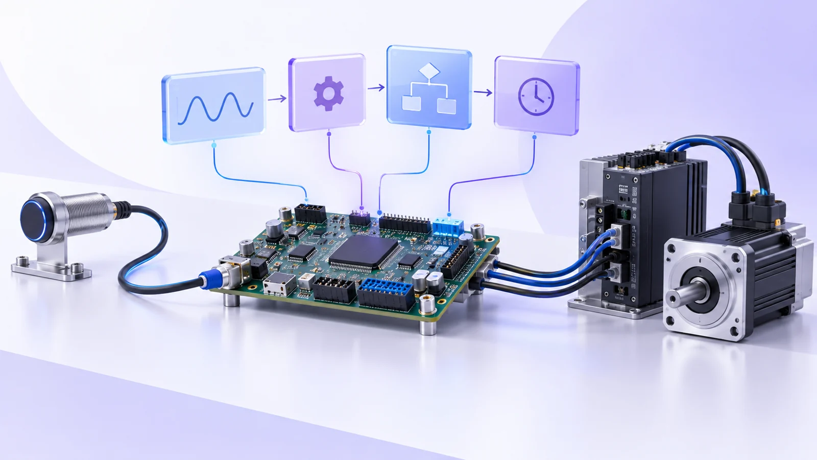Embedded controller board wired to a proximity sensor and a servo motor drive, with process-step icons above.