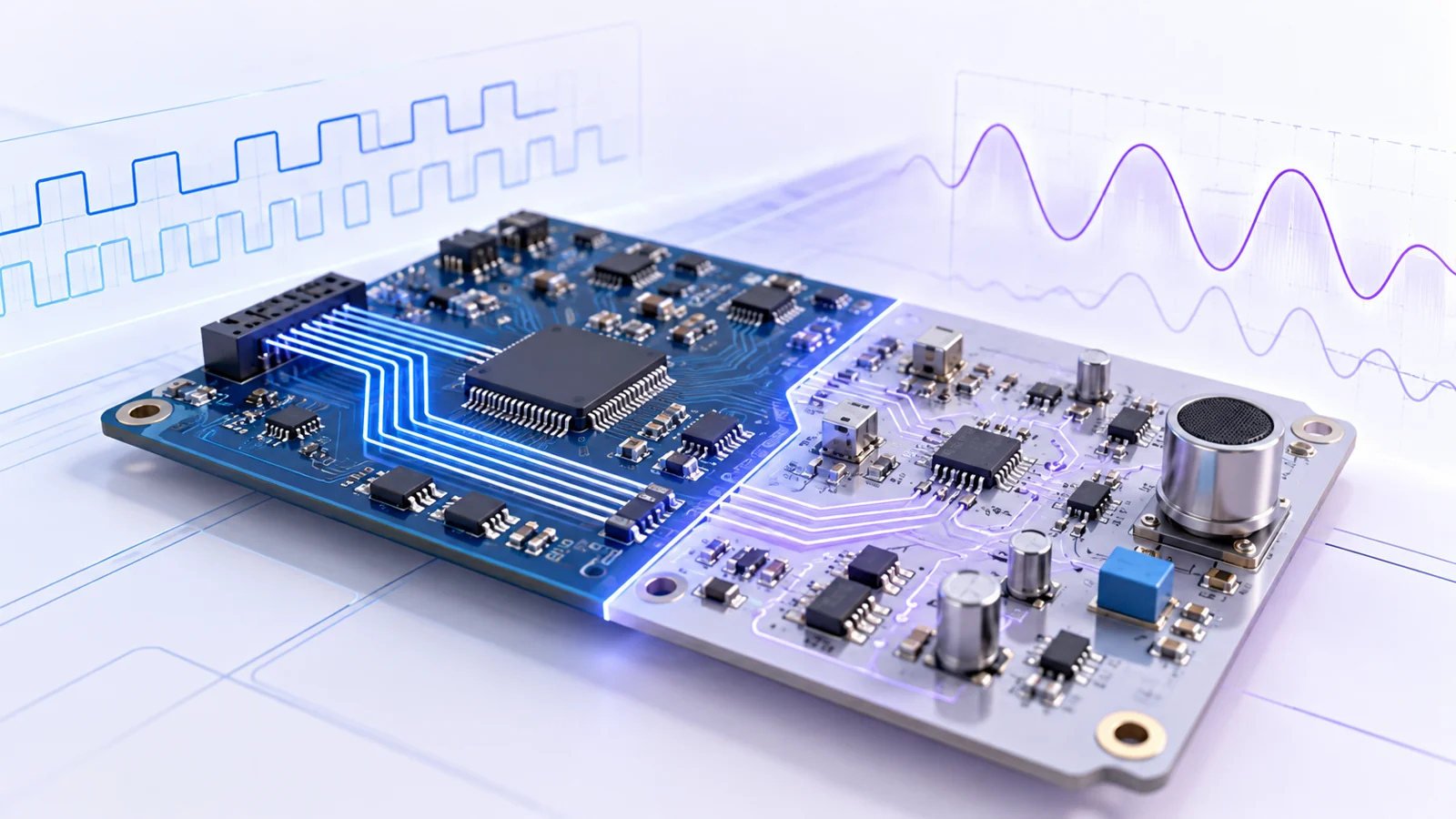 Circuit board split into a digital half with parallel high-speed traces and an analog half with a sensor, waveforms behind.