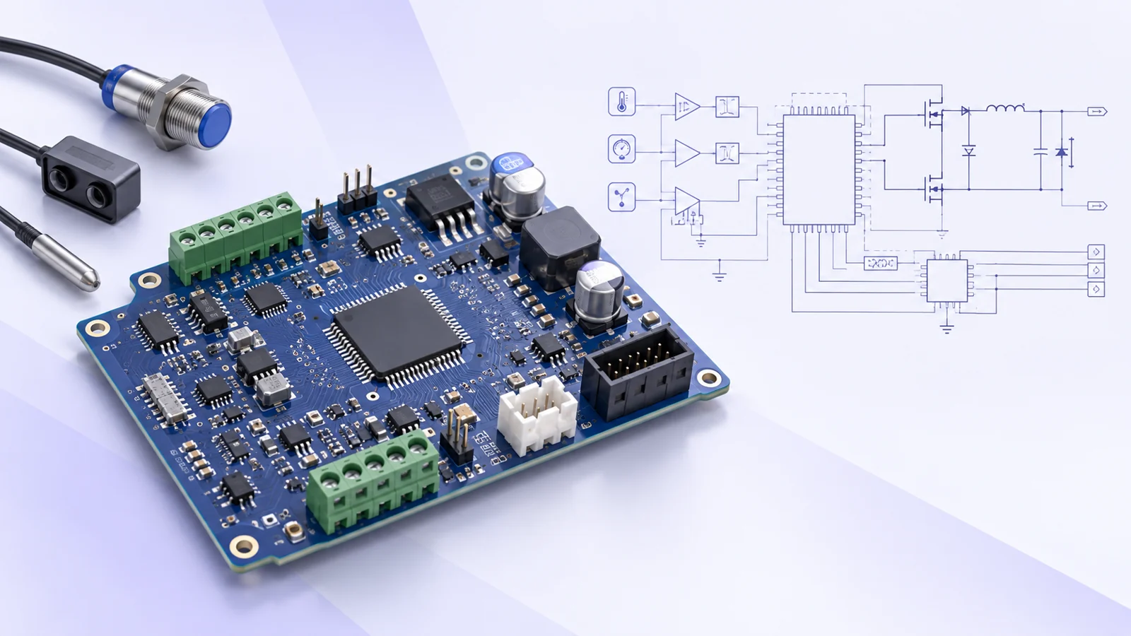 Blue industrial circuit board with microcontroller, terminal blocks and connectors next to a simplified schematic.