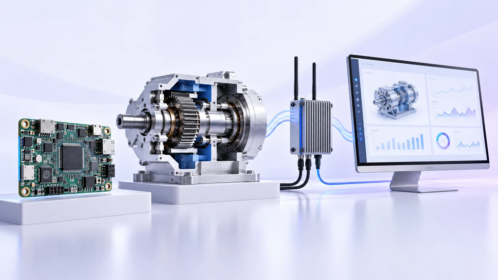 Circuit board, cutaway gearbox, wireless gateway and a monitor showing an engineering dashboard.