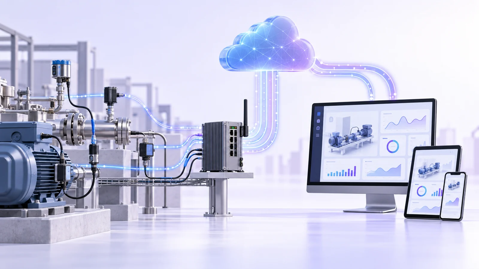 Concept illustration: sensors on an industrial pump feed a gateway, a cloud and dashboards on a monitor, tablet and phone.