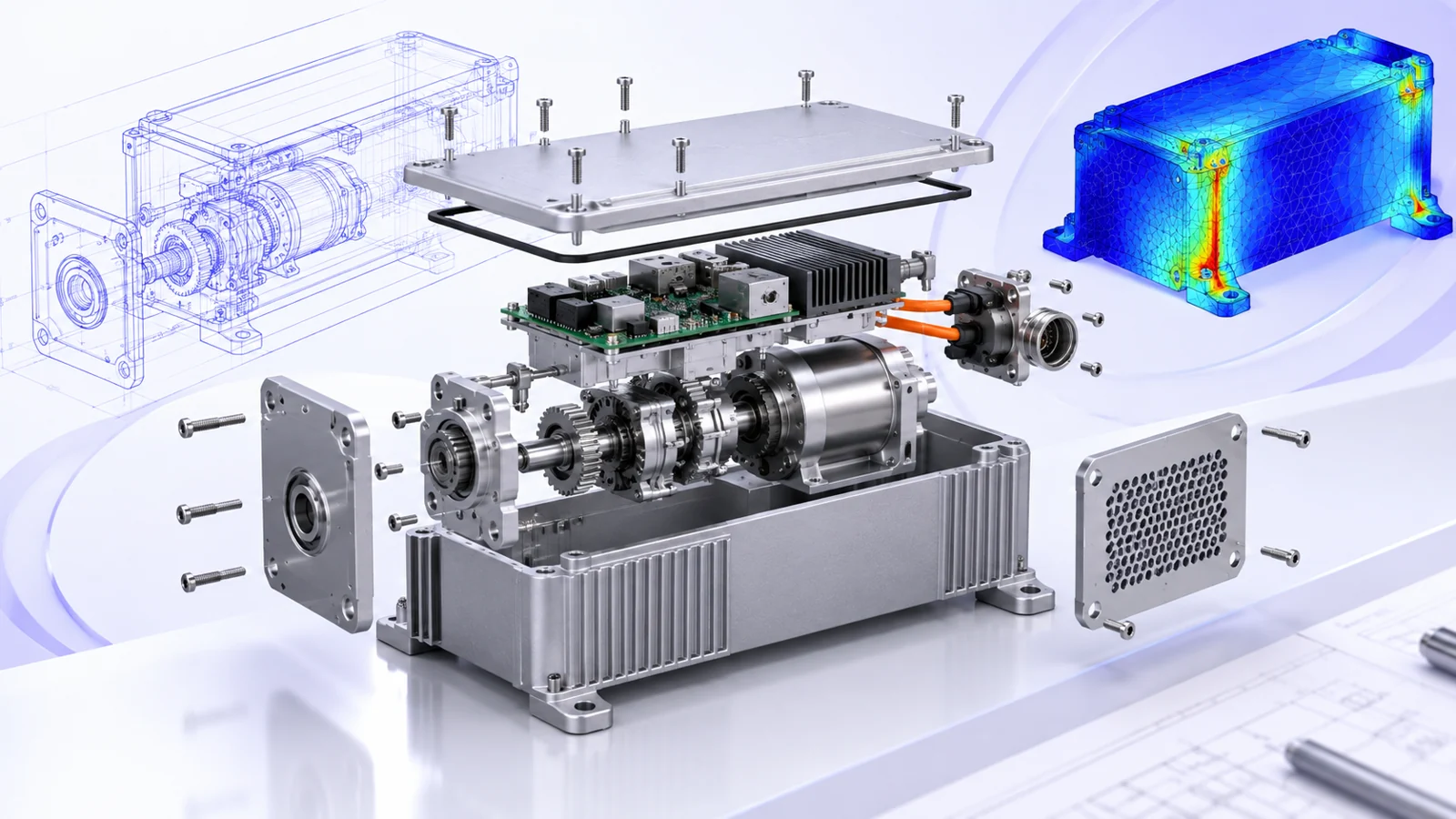 Exploded view of a motor and gearbox in a finned enclosure, with a CAD wireframe and a colour-coded stress plot.
