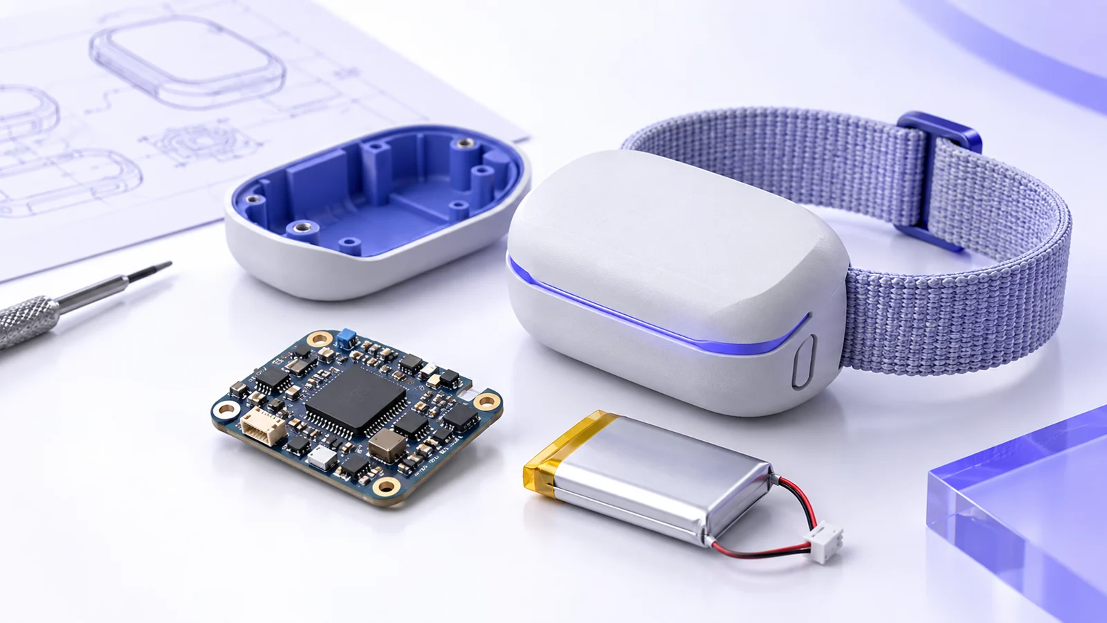 Small sensor circuit board beside an open wearable case, a wristband device and a compact battery.