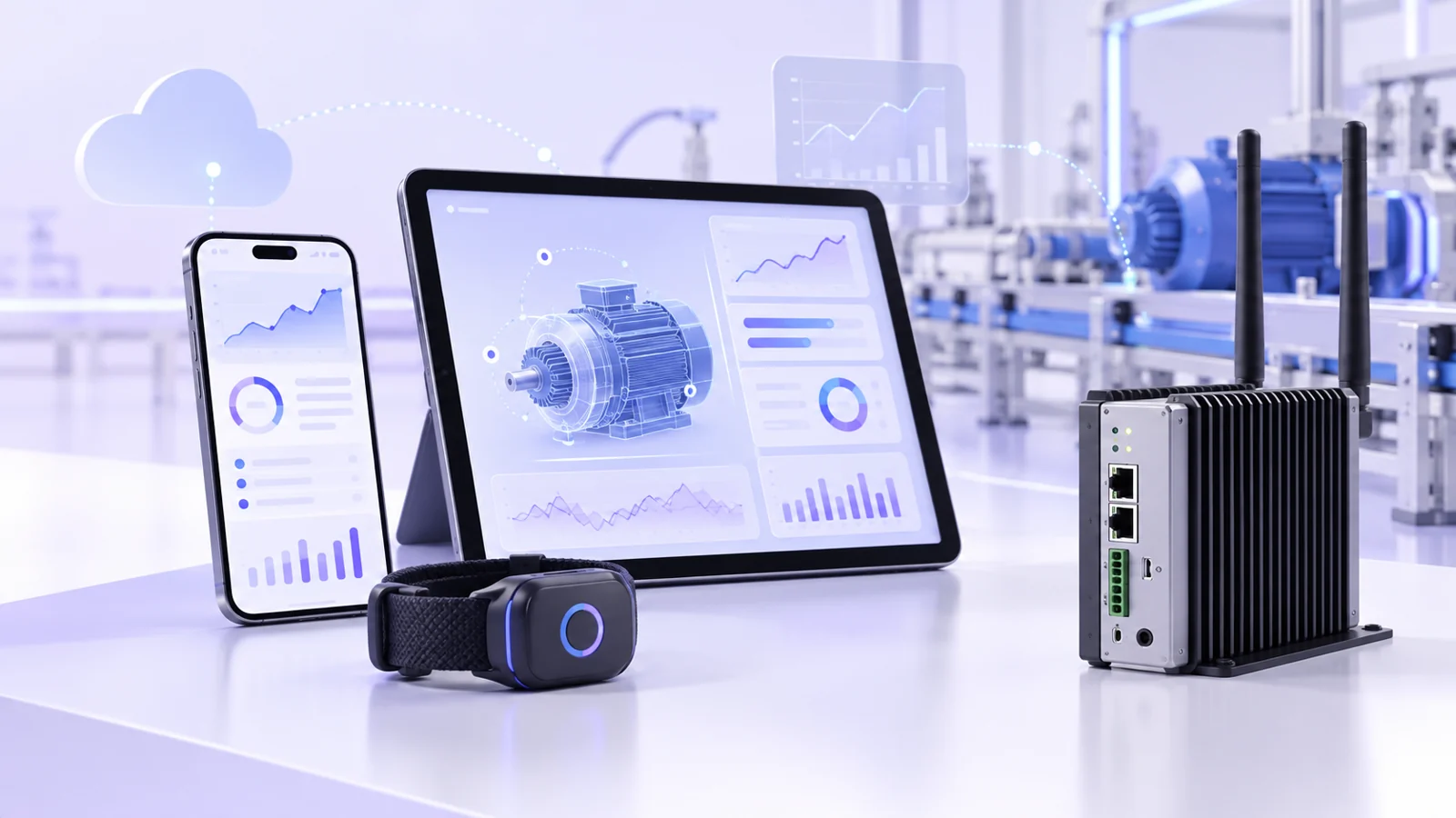 Phone and tablet showing equipment dashboards next to a wearable sensor and an industrial gateway on a desk.