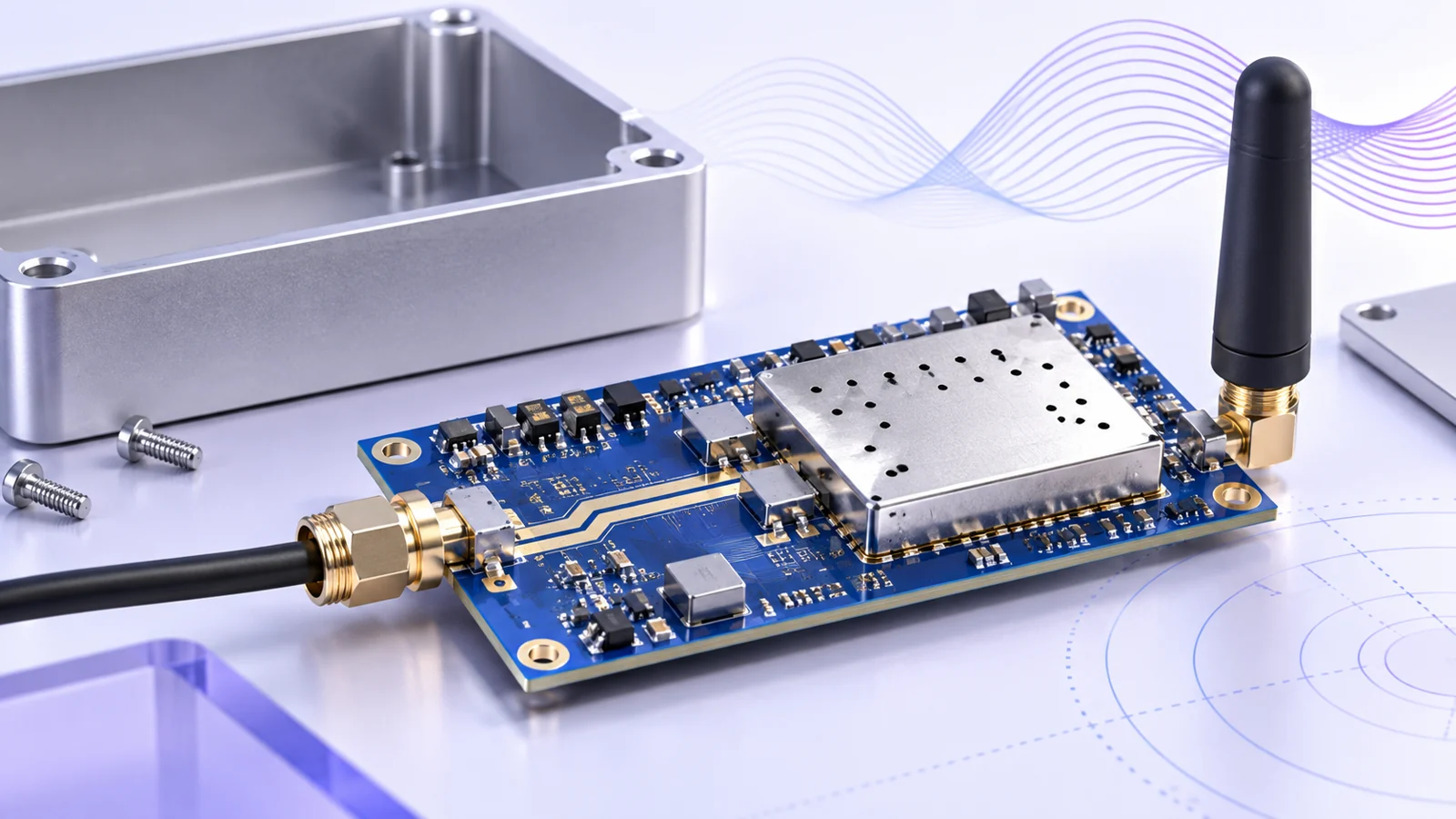 RF circuit board with metal shield can, transmission line, coaxial connector and stub antenna beside an aluminium enclosure.