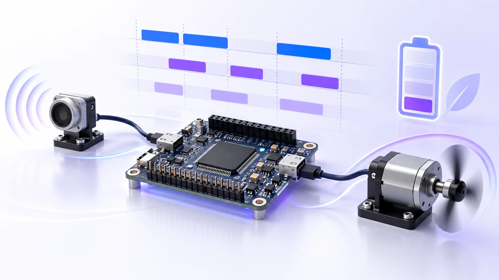 Microcontroller board wired to a sensor and a small motor, with task-schedule bars and a battery icon above.