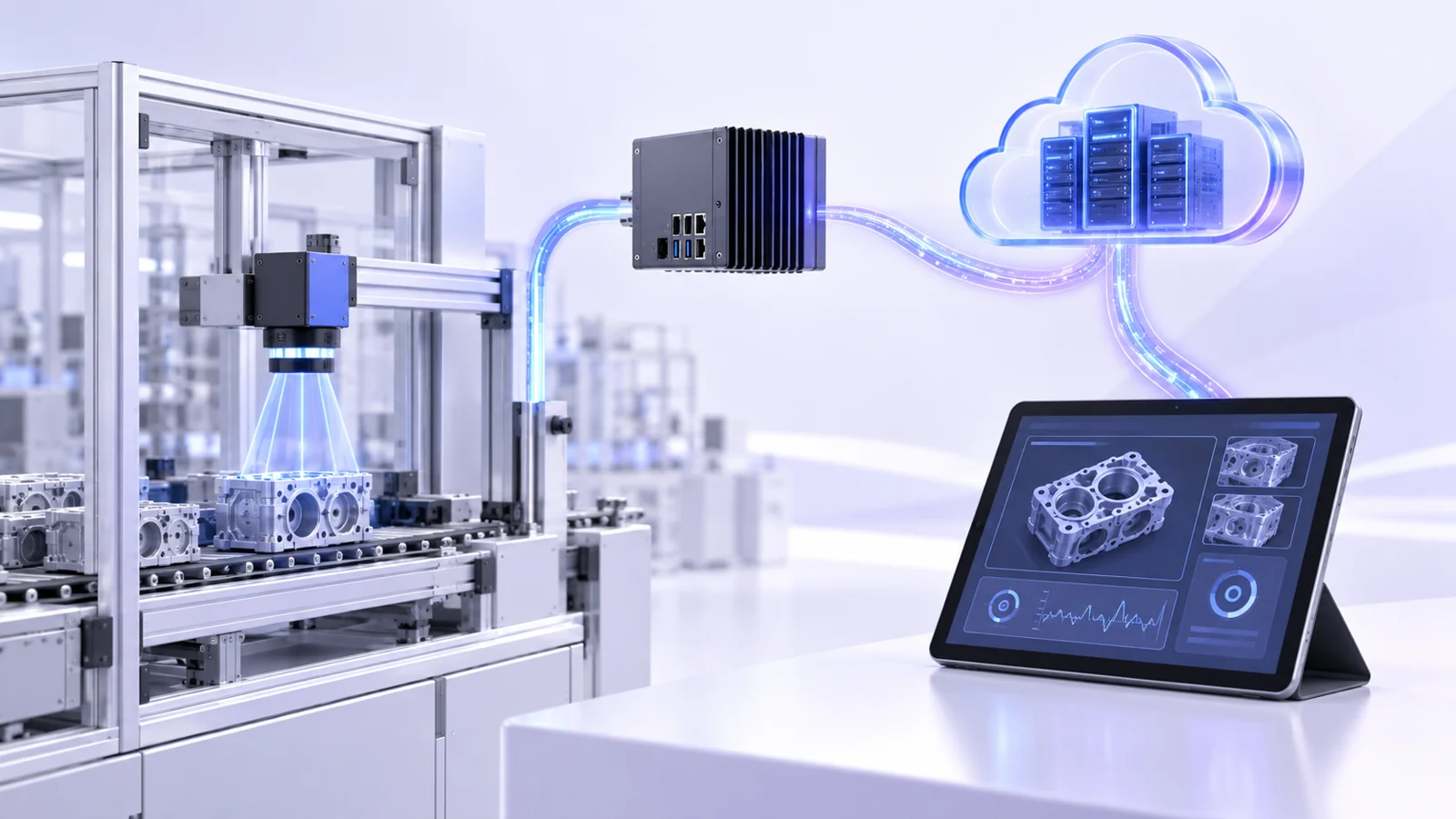 Concept illustration: a machine-vision camera inspects machined parts, linked by an edge computer to the cloud and a tablet.
