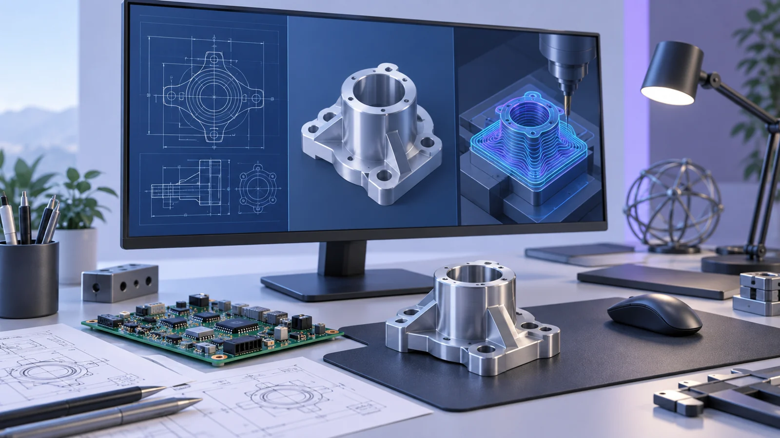 Monitor showing a 2D drawing, CAD model and CNC toolpath of a flange, with the machined part and a circuit board on the desk